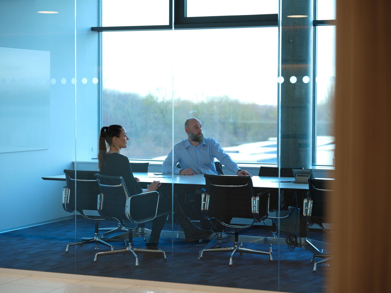 Two workers in a meeting room